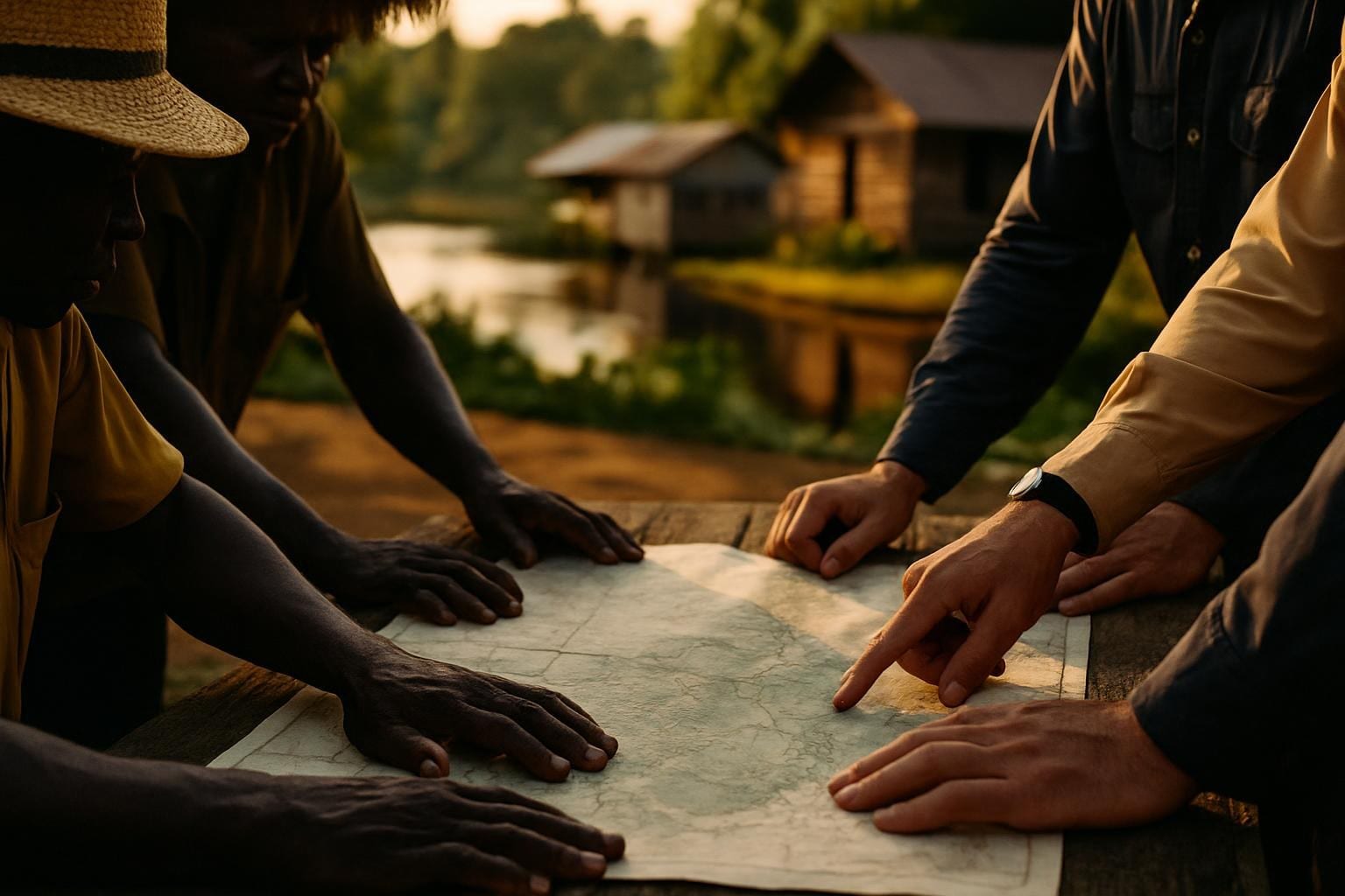 Illustrative: hands gathered over a shared map on a table, representing partnership and consultation