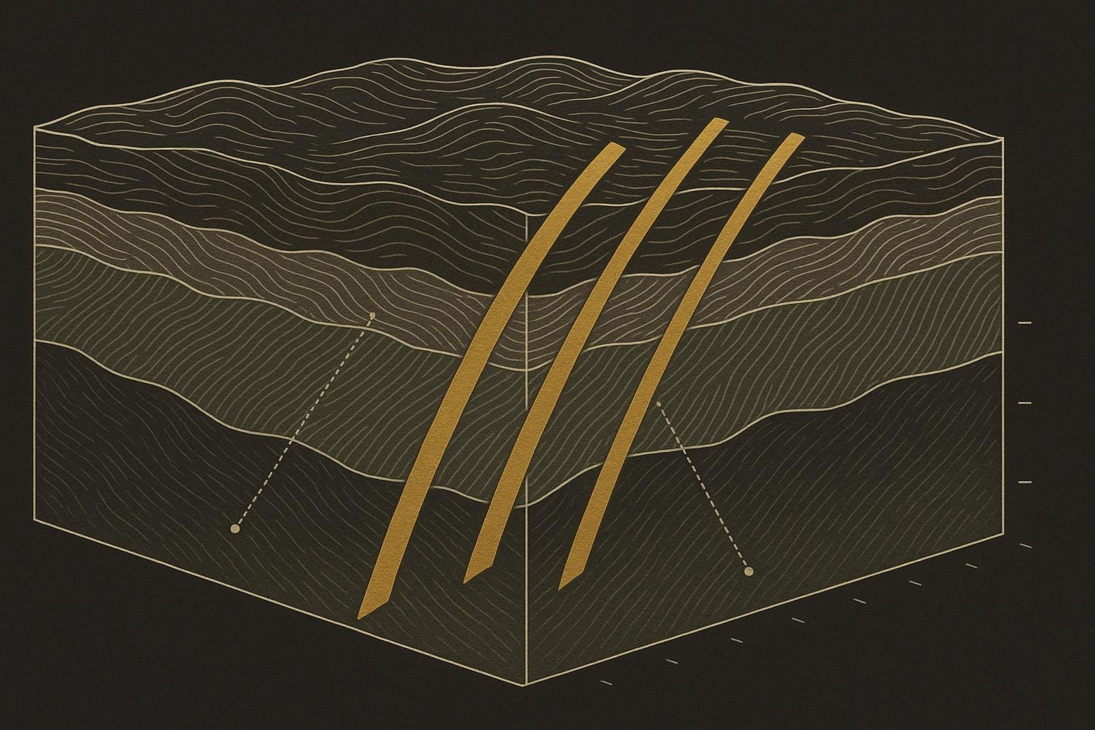 Illustrative schematic geological cross-section showing gold-bearing shear zones and drill traces