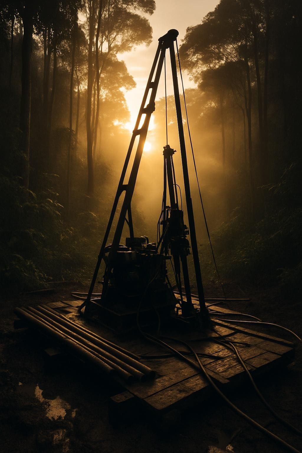 Illustrative: man-portable diamond drill rig in a jungle clearing at dawn