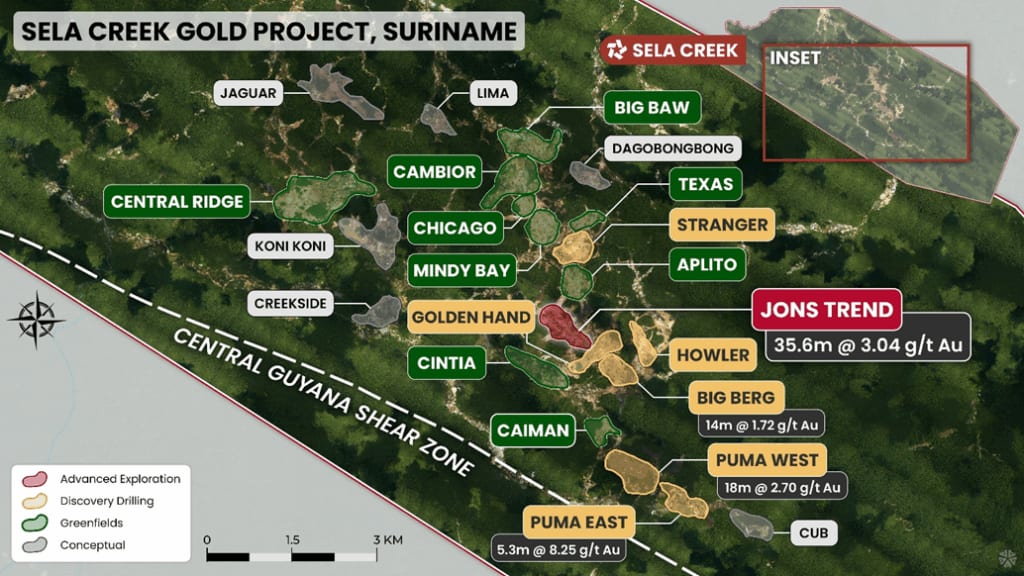 Map of prospect areas on the Sela Creek gold project as re-defined by Miata's technical team, showing six drill-ready targets including Jons Trend, Puma East, Puma West, Big Berg, Howler, Stranger and Golden Hand.