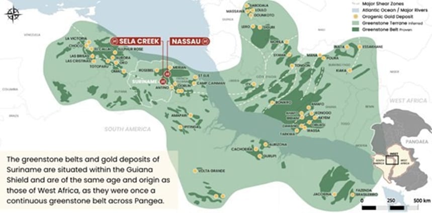 Figure 1. Paleogeographic reconstruction of Pangea showing the continuity of the Guianan and West African greenstone belts. Gold deposits occur throughout the greenstone belt including in Suriname.