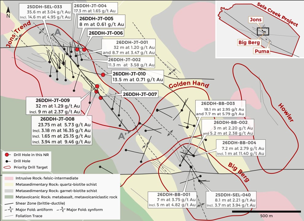 Plan view of Jons Trend to Big Berg, with the section line for Figure 1 indicated.