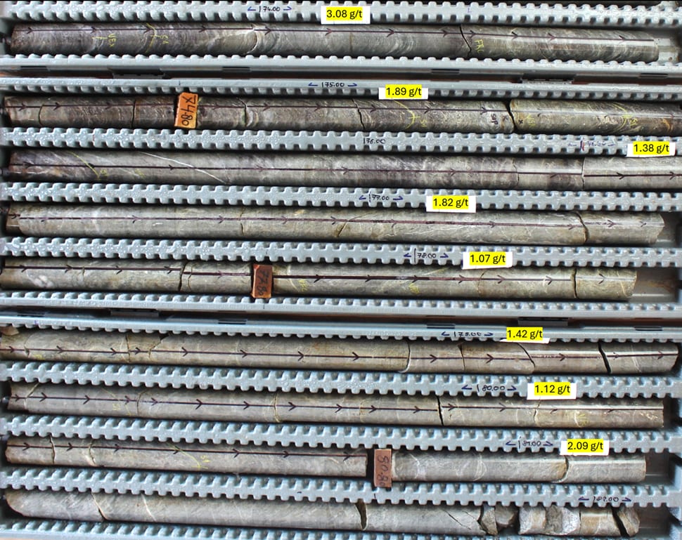 Core photo from hole 25DDH-SEL-046 from 74 to 90 metres, showing continuous grade distribution.