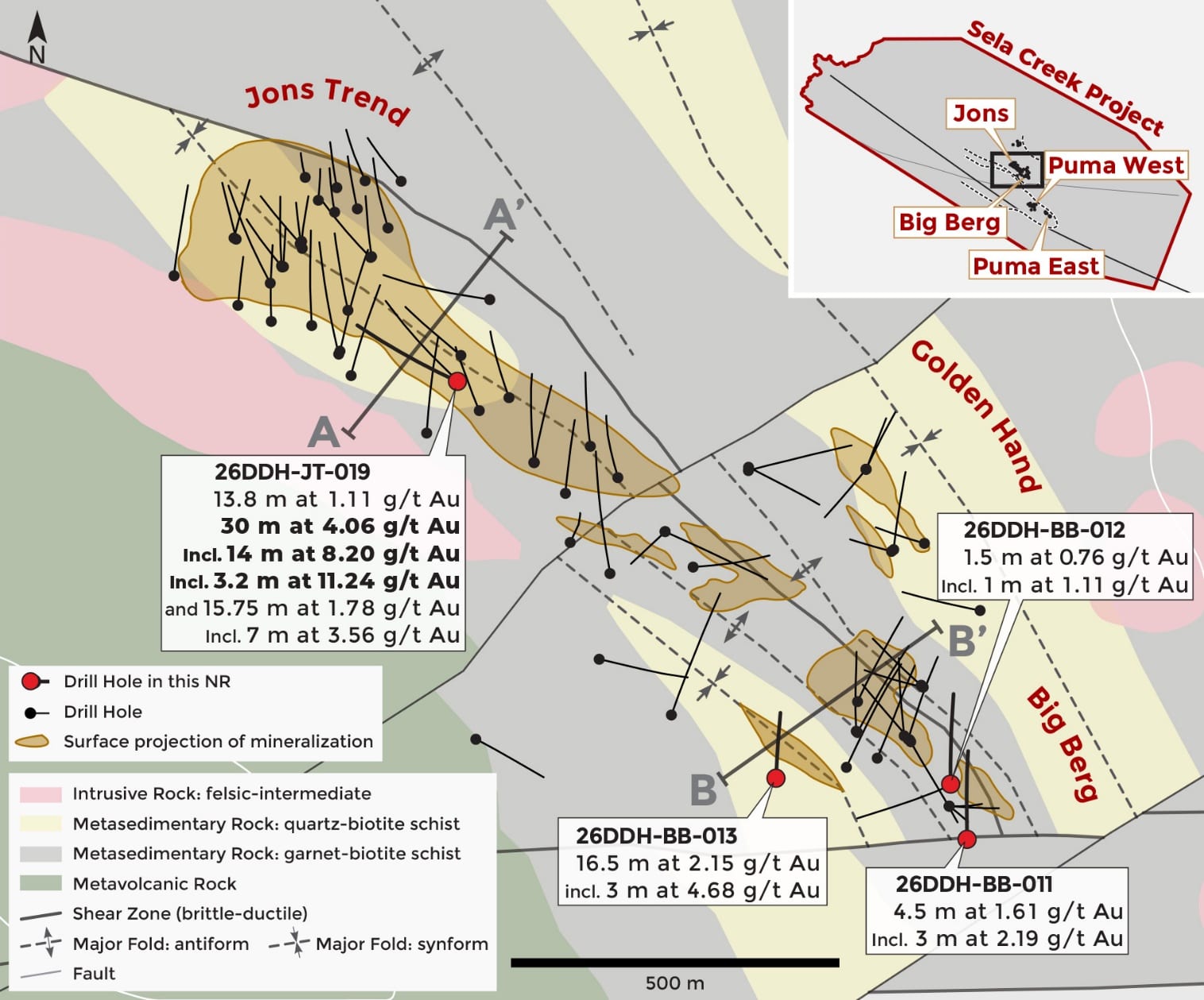 Overview map of the Jons Trend and Big Berg corridor showing the surface expression of mineralized zones and recent drill collars.