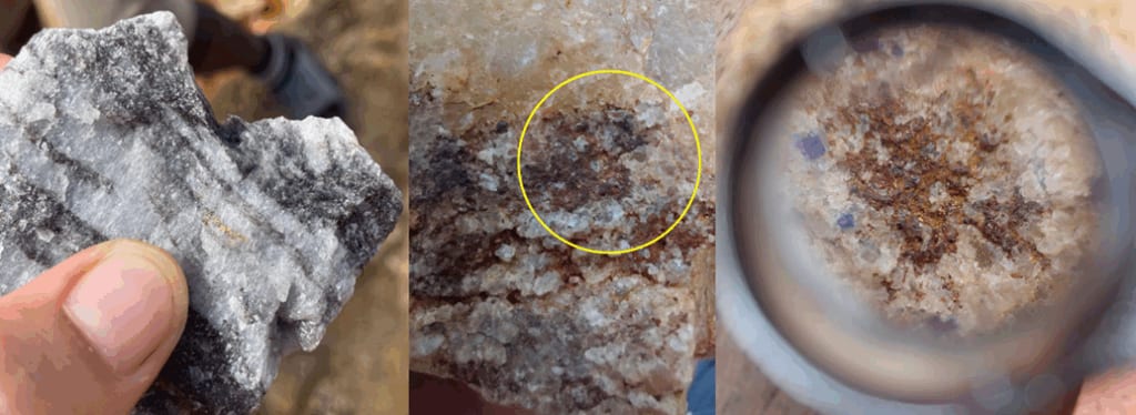 Artisanal miners' ore samples with visible gold on the Puma Target, including ore pile sample from the Aplito prospect grading 675 g/t Au.
