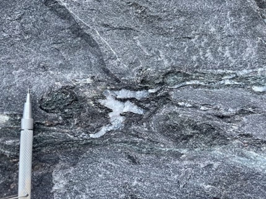 Folded tension vein, a common occurrence in and surrounding high-grade artisanal workings, this particular vein was exposed in the new extension of Jon's Pit.