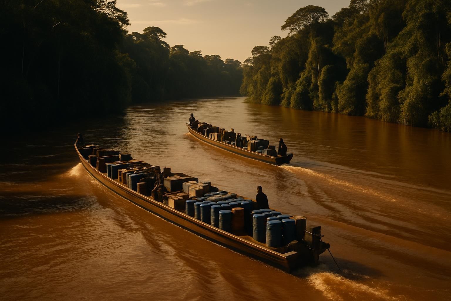 Illustrative: supply boats carrying equipment along a rainforest river in the interior