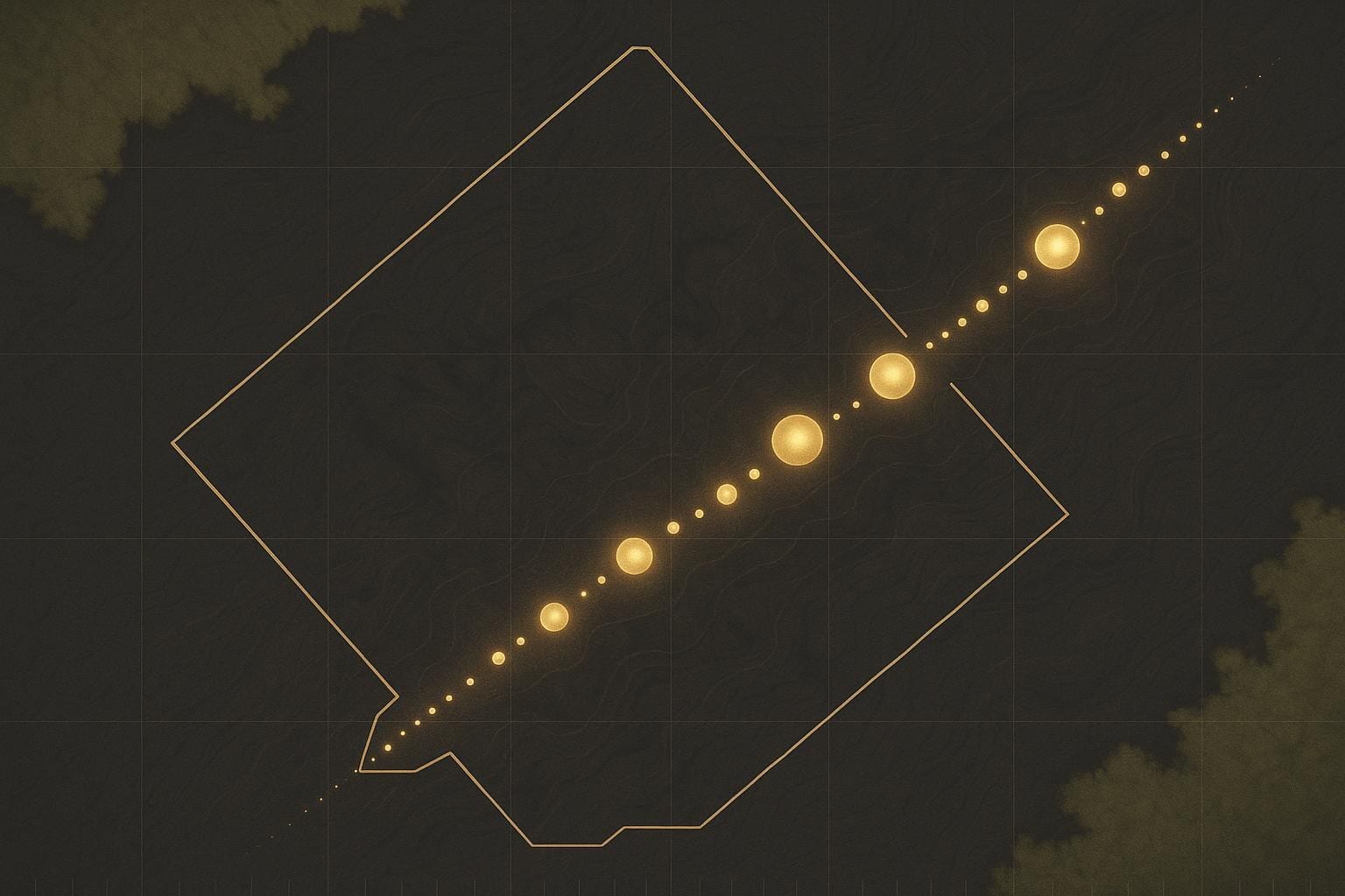 Illustrative schematic map of the 7 km Sela Creek gold corridor showing seven target nodes along the shear zone
