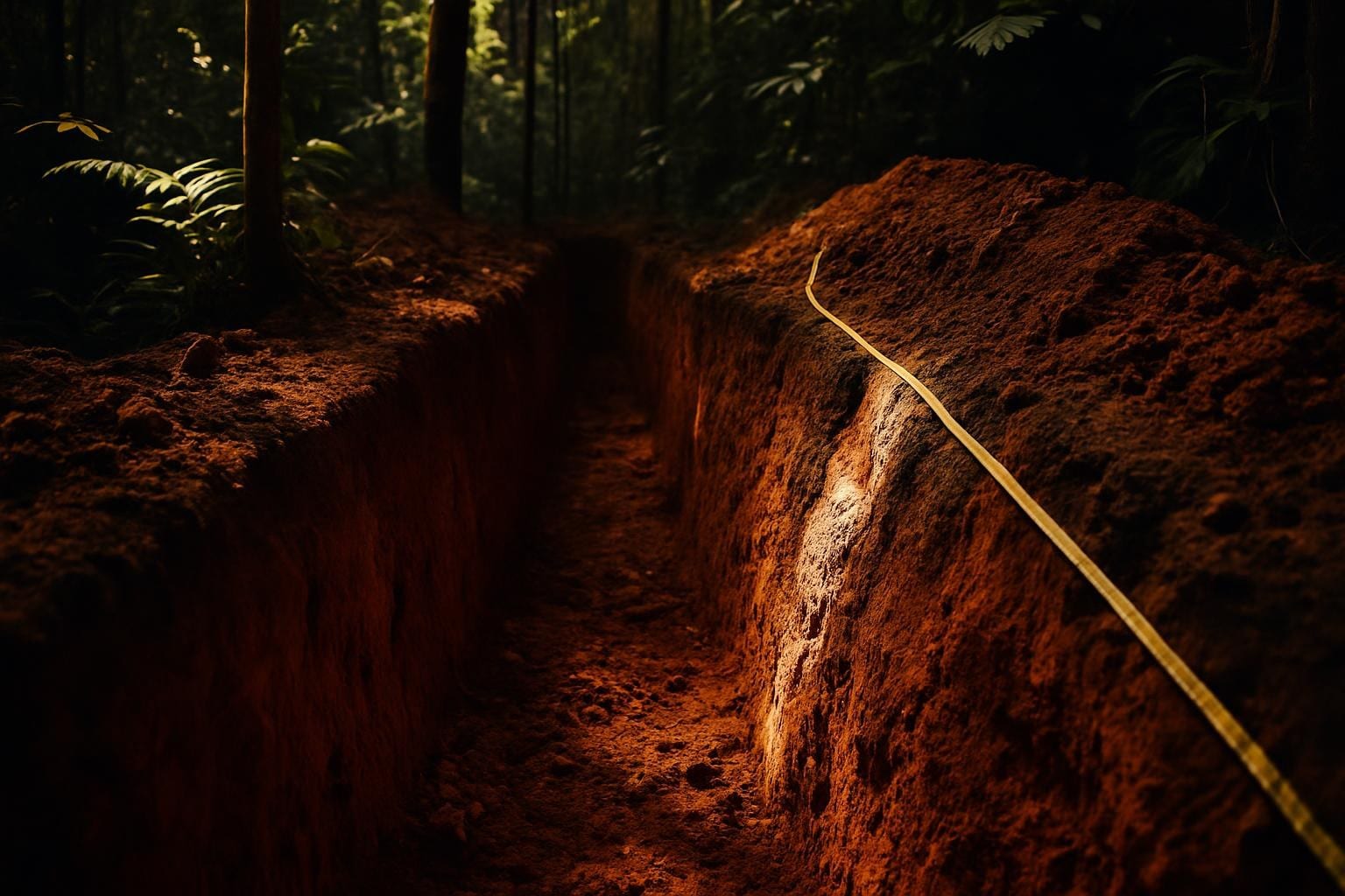 Illustrative: hand-dug exploration trench in red-brown saprolite exposing a white quartz vein, rainforest behind